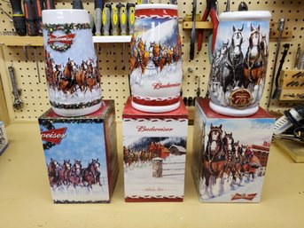 Trio Of Anheuser Busch Budweiser Ceramic Beer Steins In Tins 2008, 2009 & 2010