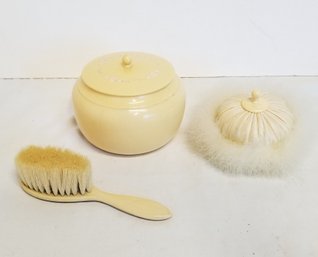 Antique Hand Painted 1920s Celluloid Powder Bowl And Brush Set