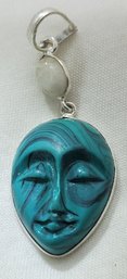 Sterling Silver Plated Carved Turquoise Face Pendant With Moonstone