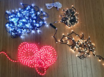 Four Sets Of LED & String Lights: Red LED Outdoor Rope Light, Clear String Lights & Clear Globe String Light