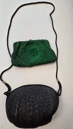 2 Vintage Tambour Beaded Evening Bags - De Pinna Green Shamrock Beaded Bag & Solid Black With Roped Strap