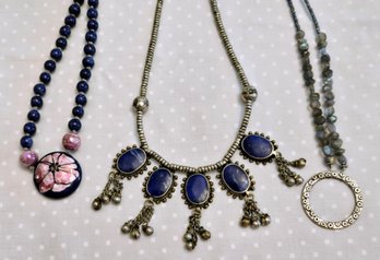 3 Lovely Fashion Necklaces - Lapis Festoon, Lapis And Ceramic Art Glass Cabochon / Labradorite And Silver