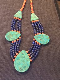 JAY King DTR Beaded Festoon Necklace With Slab Turquoise Teardrops, Lapis Lazuli And Peach Selentine Or Coral?