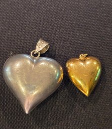 Two Puffed  Hearts, One Sterling One Gold Plated  Pendants