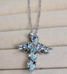 DK 925 Jeweled Aquamarine Or Blue Topaz?? Angel Pendant Necklace