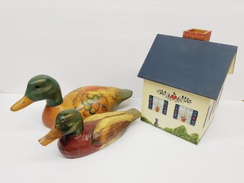 Wood Painted Home Decor - Two Duck Decoys & Cottage House Tissue Box