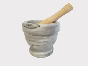 White & Gray Marble Mortar & Wood Pestle