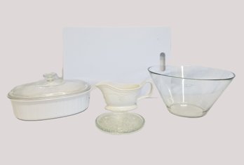 Mixed Kitchen Dining Lot: Corning Ware Casserole Dish, Gravy Boat, Cutting Board, Large Glass Bowl & More