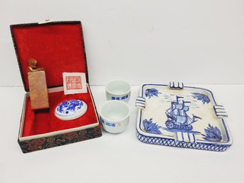 Chinese Porcelain Ashtray & Personalized Carved Soapstone Name Stamp & Ink Pot - FRED