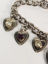 Vintage Silver Tone Charm Bracelet With Heart Charms And Gemstones Religious