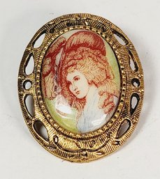 Vintage Victorian Gold Tone Painted Cameo Pin/ Brooch