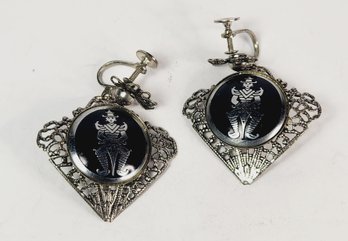 1940-1950 Siam Silver Tone Earrings --- Siam Warrior Inlay