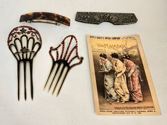 Assorted Vintage Jeweled Hair Combs, Clips And Hartford Opera House Playbill / Flyer