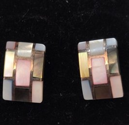 925 Sterling Pave Chip Earrings With Mother Of Pearl / Abalone & Natural Stone Inlay