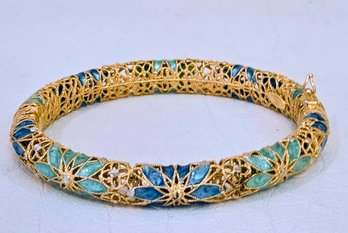 Dyadema Italy 925 Gold Filigree Hinged Bangle Bracelet With Semi-precious Gemstone Inlay