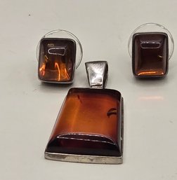 Sterling Square Bezel Pendant And Earrings With Amber Cabochon Inlay