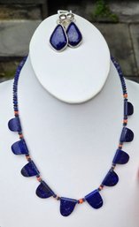 Vintage Lapis Slab Bib Necklace With Matching Teardrop Cabochon Earrings