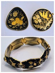 2 Damascene Vintage 24k Gold Inlay Toledo Spain Pins And Bracelet