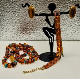 Gorgeous Amber Jewelry Set - Beaded Necklace With Turquoise Accents, Earrings, Faceted Square Link Bracelet