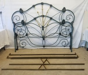 King Sized Green Enameled & Brass Scrolled Metal Bed Headboard & Footboard