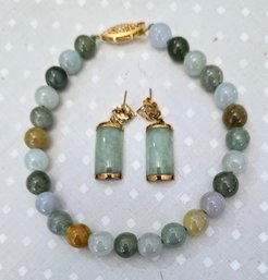 Jade And Natural Jasper Beaded Bracelet And Matching Earrings