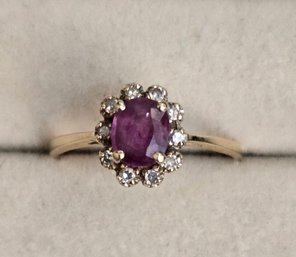 Lovely 14K Gold Ring With Small Faceted Ruby? Wrapped In Diamonds