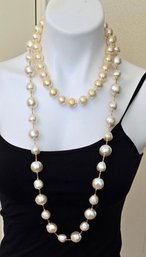 2 Large Polished Simulated Pearl Layering Necklaces With Gold Spacers