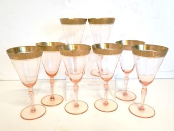 Vintage Pink Blown Glass Rambler Rose Stemmed Wine Glasses With Gold Leaf By Tiffin-franciscan