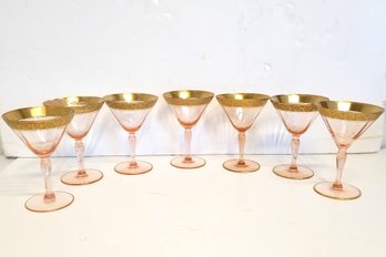 Vintage Set Of Rambler Rose Pink Champagne Glasses With Gold Trim By TIFFIN-FRANCISCA