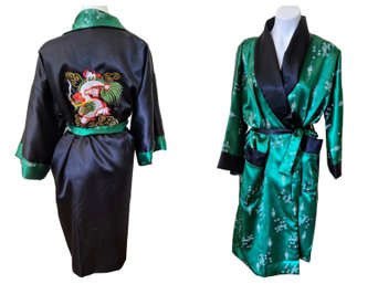 Gorgeous Silky Green & Black Satin Reversible Kimono Robe With Stunning Embroidery