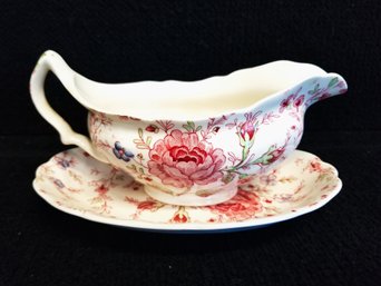 Vintage Rose Chintz Gravy Boat With Underplate By Johnson Brothers England