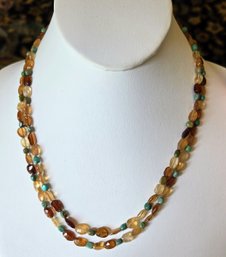 Lovely Polished Amber And Turquoise Double Strand Necklace With Silver Hook Extension Chain