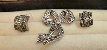 Marcasite Studded 925 Sterling Bow Pin With Matching Cuff Earrings