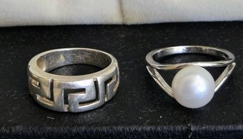 2 Sterling Rings - 1 Solitaire Pearl Eye / 1 Greek Key Band - Size For Both Is 8.5