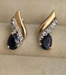 14K Gold With Faceted Black Onyx And Diamond Stud Earrings