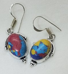 Silver Plated Pair Of Synthetic Mosaic Jasper Earrings