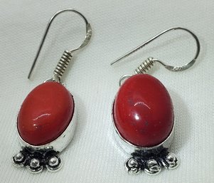 Silver Plated Pair Of Synthetic Red Coral Earrings