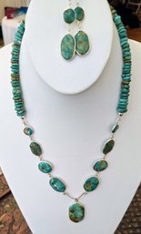 Jay King, DRT Turquoise And Sterling Silver Necklace With Bezel Set Cabochon Design And Matching Earrings