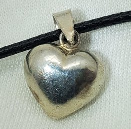 Vintage Sterling Silver Puffed Heart Pendant On A Black Adjustable 18' Rope Necklace ~ 1.11 Grams Pend. Only