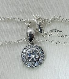 Vintage Stunning Sterling Silver CZ Pendant On An 18' Silver Plated Necklace ~ 2.33 Grams