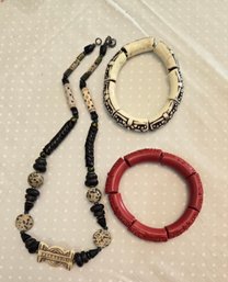 2 Cinnabar And Bone Stretchy Link Bracelets And Complimenting Beaded Necklace