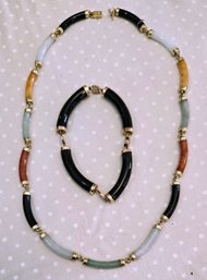 Gorgeous 14k Gold And Black Onyx, Jade, Jasper Gemstone Necklace And Bracelet Set