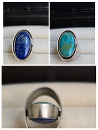 One Of A Kind! Sterling Bezel 'reversible' Turquoise / Lapis Bezel Swivel Ring -  Size 9