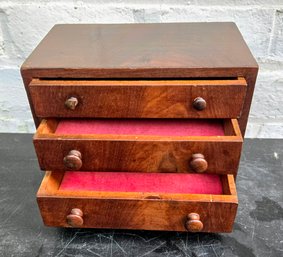 Antique Flamed Wood Handmade Jewelry Chest With 3 Drawers Lined In Pink Felt