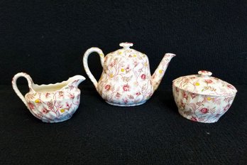 Vintage Spode English Bone China 'Rosebud Chintz' Teapot With Lidded Sugar Bowl & Creamer England