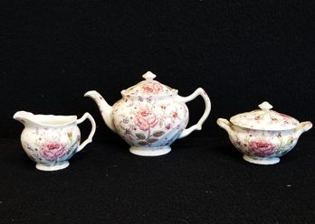 Vintage Rose Chintz Johnson Brothers England China Teapot With Lidded Sugar Bowl & Creamer