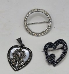 Marcasite & Crystal Pave Embellished Vintage 925 Sterling Heirloom Pins - 3 Pieces