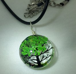 Beautiful Glass Encased Tree With Butterflies On A Black Adjustable 18' Rope Necklace