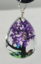 Beautiful Glass Encased Tree With Butterflies On A Black Adjustable 18' Rope Necklace