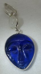 Sterling Silver Plated Carved Blue Agate & Moonstone Pendant